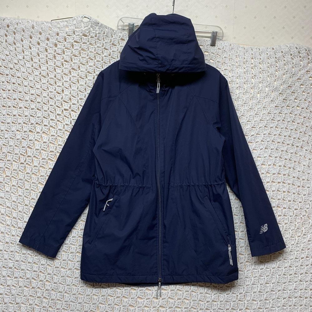 New Balance Hooded Windbreaker Jacket Womens Sz L Navy Blue Rain Full Zip